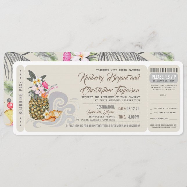 Boarding Pass | Ananas | Hochzeitsticket Einladung (Vorne/Hinten)