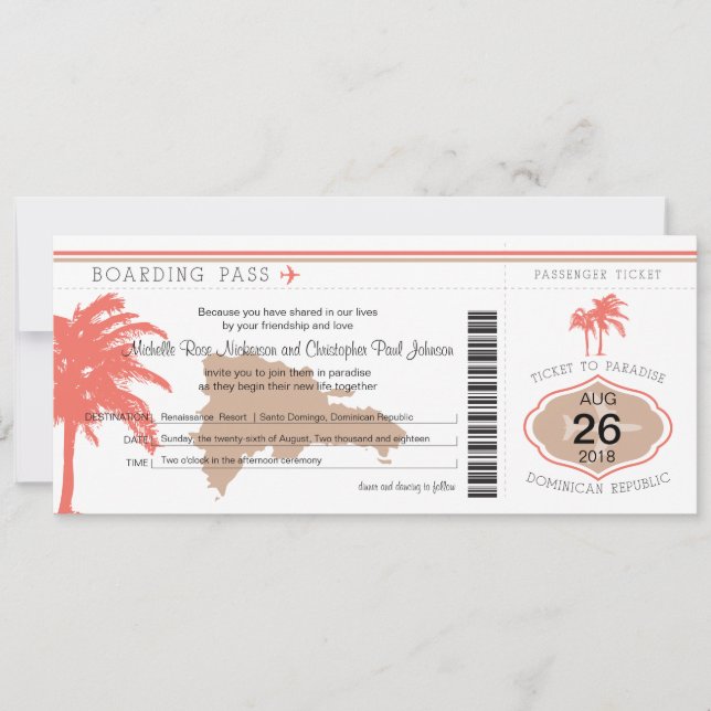 Boarding Pass auf Dominikanische Republik Hochzeit Einladung (Vorderseite)