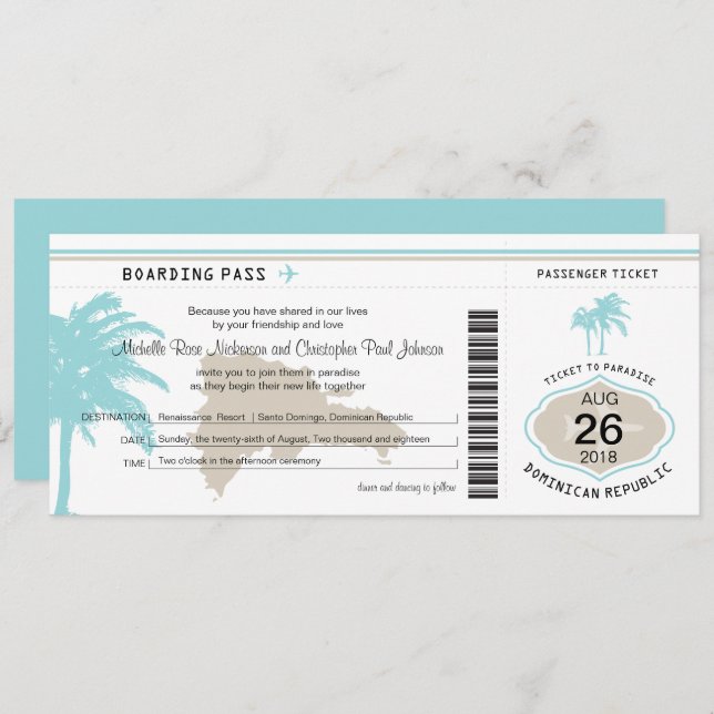 Boarding Pass auf Dominikanische Republik Hochzeit Einladung (Vorne/Hinten)