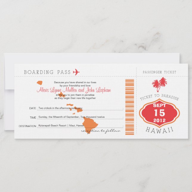 Boarding Pass auf Hawaii Hochzeit Einladung (Vorderseite)
