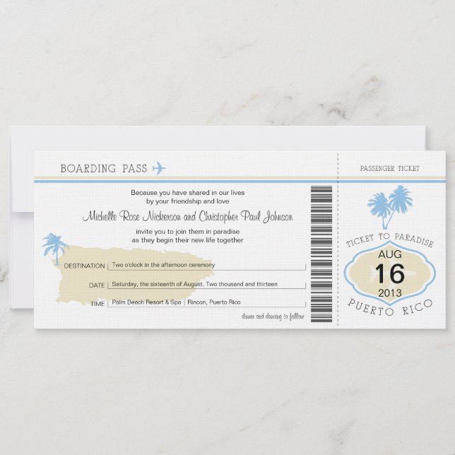 Boarding Pass auf Puerto Rico Hochzeit Einladung (Vorderseite)