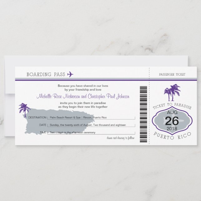 Boarding Pass auf Puerto Rico Hochzeit Einladung (Vorderseite)
