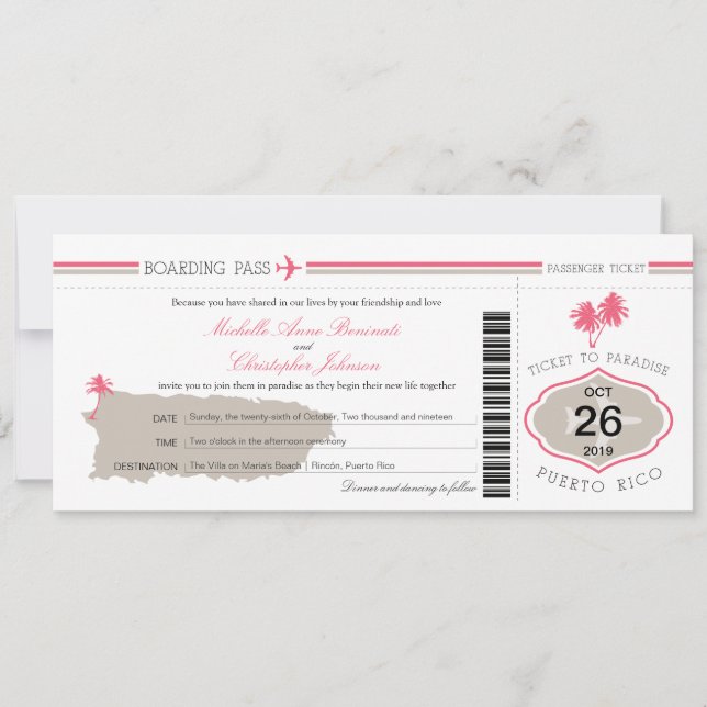 Boarding Pass auf Puerto Rico Wedding Einladung (Vorderseite)