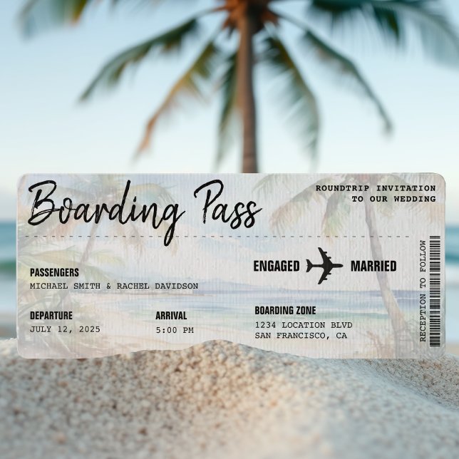 Boarding Pass Beach Palm Tree Hochzeit in Urlaubso Einladung (BOARDING PASS WEDDING INVITATION)