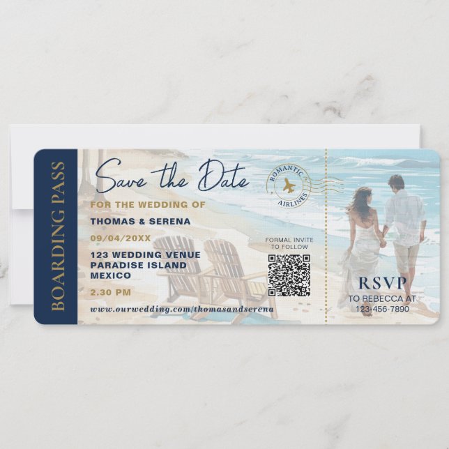 Boarding Pass Beach Save The Date QR Code Wedding Einladung (Vorderseite)