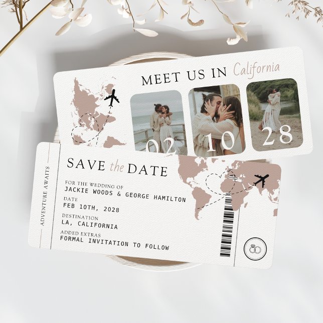 Boarding Pass Beige Neutral 3 Fotos Hochzeit Save The Date (Save the Date Unique Boarding Pass with 3 Photos Perfect for Destination Wedding Passport Travel)