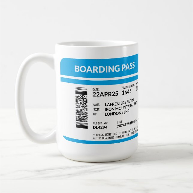 Boarding Pass (blau) Kaffeetasse (Links)