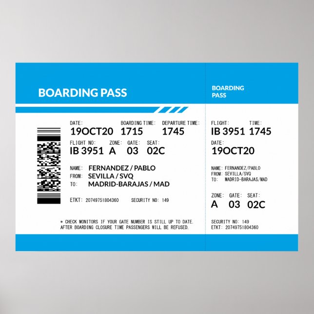 Boarding Pass (blau) Poster (Vorne)