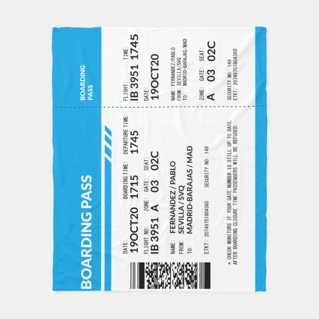 Boarding Pass (blue) Fleecedecke (Vorderseite)