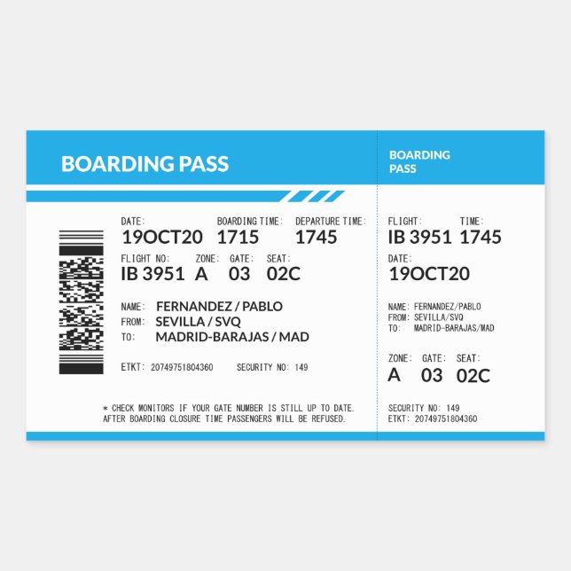 Boarding Pass (blue) Rechteckiger Aufkleber (Vorderseite)