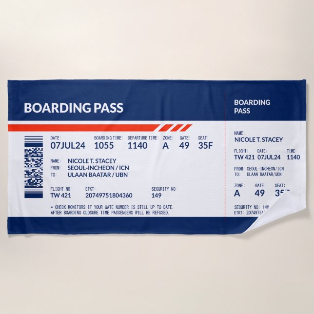 Boarding Pass - Blue & Red Beach Handtuch (Vorderseite)