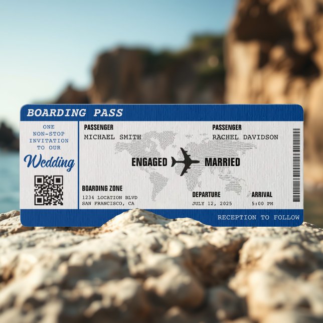 Boarding Pass Blue World Map Hochzeit in Urlaubsor Einladung (Boarding Pass Blue World Map Destination Wedding Invitation
)