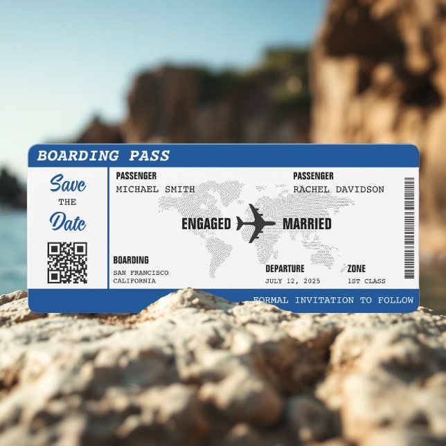 Boarding Pass Blue World Map Hochzeit in Urlaubsor Save The Date (Boarding Pass Blue World Map Destination Wedding Save The Date
)