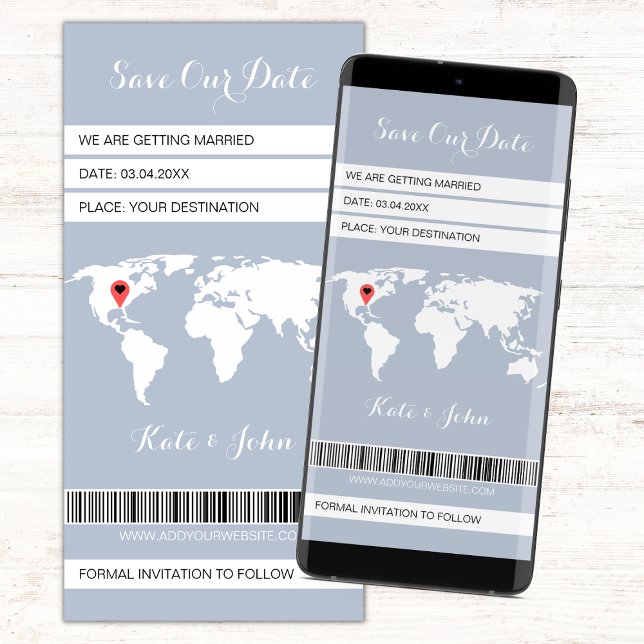 Boarding Pass Destination Dusty Blue World Map Save The Date (Dusty Blue Save The Date Electronic Boarding Pass Invitation Save Our Date Evite)
