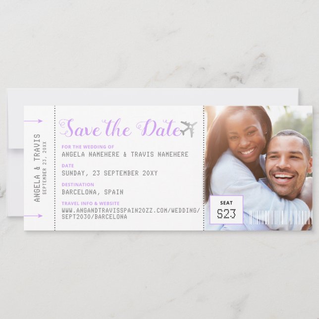 Boarding Pass Destination Lilac Save the Date (Vorderseite)