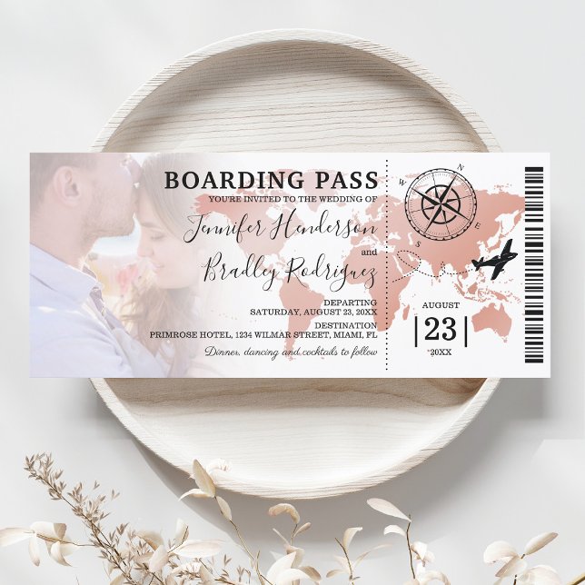 Boarding Pass Destination World Map Wedding Einladung (Von Creator hochgeladen)