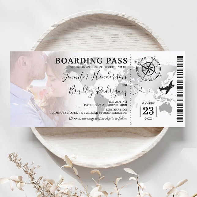 Boarding Pass Destination World Map Wedding Einladung (Von Creator hochgeladen)