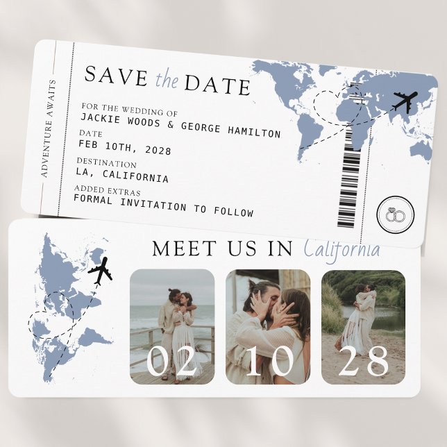 Boarding Pass Dusty Blue 3 Fotos Hochzeit Save The Date (Boarding Pass 3 Photos Save the Date Dusty Blue)