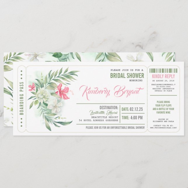 Boarding Pass | Floral Beach Brautparty Ticket Einladung (Vorne/Hinten)