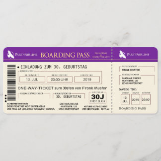 BOARDING PASS Flugticket Einladungskarte (lila) Einladung