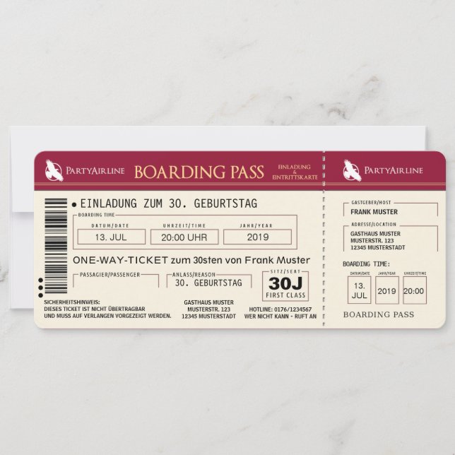 BOARDING PASS Flugticket Einladungskarte (rot) Einladung (Vorderseite)