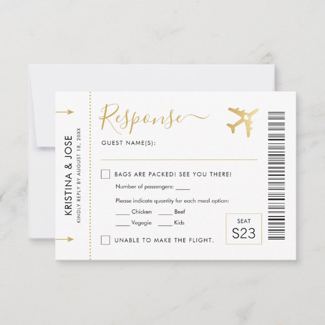 Boarding Pass Flugzeug Ticket Gold Zielort RSVP Karte (Vorderseite)