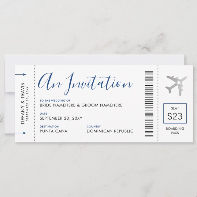 Boarding Pass Flugzeug Ticket Hochzeit in Urlaubso Einladung (Vorderseite)