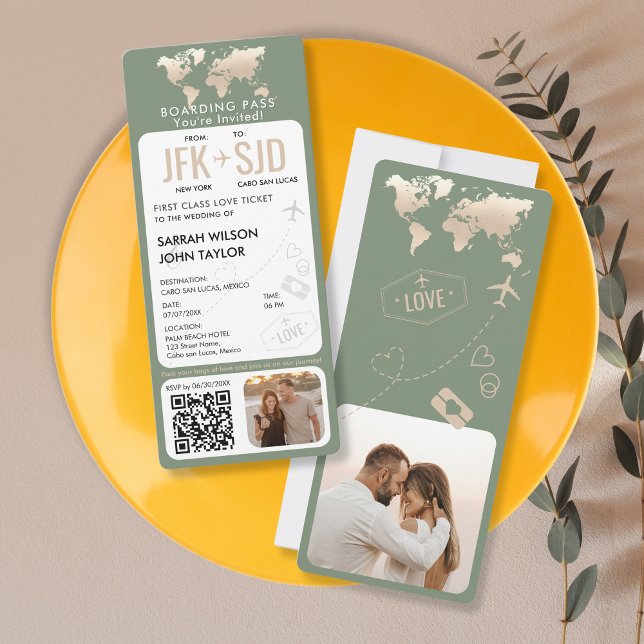 Boarding Pass Flugzeug Ticket Hochzeit in Urlaubso Einladung (sage green vertical boarding pass wedding invitation with golden world map)