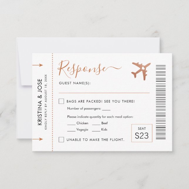 Boarding Pass Flugzeug Ticket Kupfer Reisethema RSVP Karte (Vorderseite)
