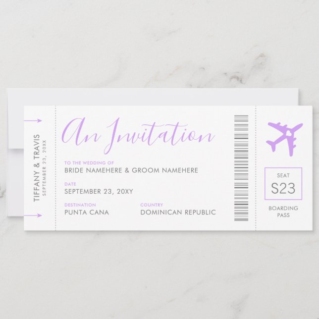 Boarding Pass Flugzeug Ticket Lilac Einladung (Vorderseite)