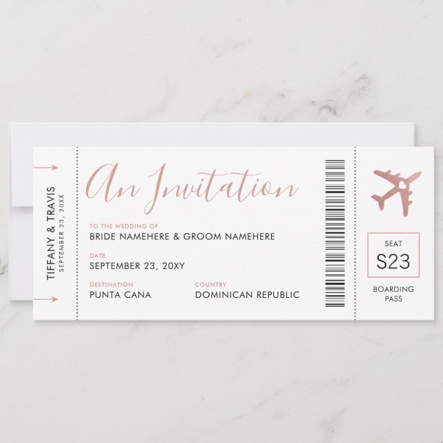 Boarding Pass Flugzeug Ticket Pink Hochzeit Einlad Einladung (Vorderseite)
