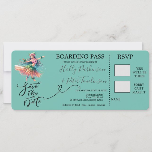 Boarding Pass für Hochzeiten in Hawaii Einladung (Vorderseite)