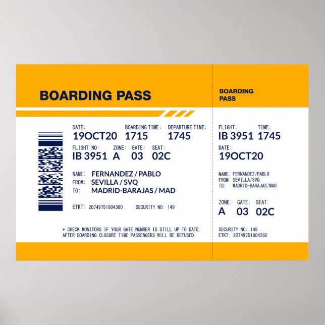 Boarding Pass - Gelb Poster (Vorne)