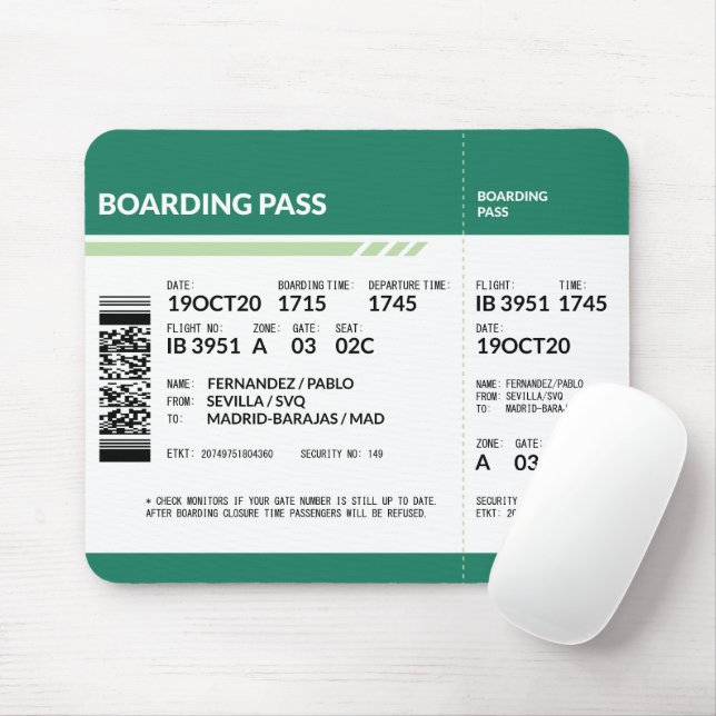 Boarding Pass - Green Mousepad (Mit Mouse)