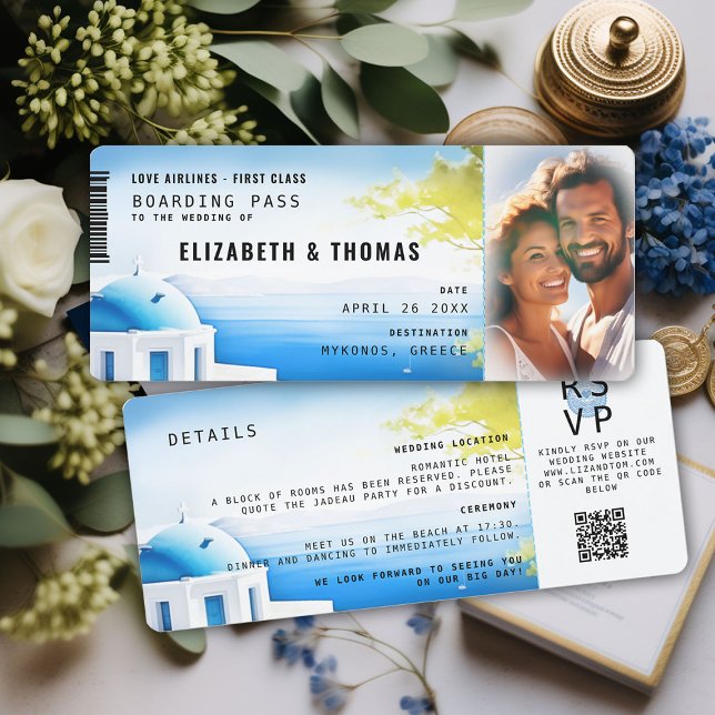 Boarding Pass Griechenland Moderne Hochzeit in Url Einladung (destination wedding invitation boarding pass greek islands sea sky watercolor modern trendy photo)
