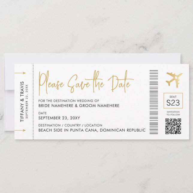 Boarding Pass Hochzeit in Urlaubsort Elegante Save The Date (Vorderseite)