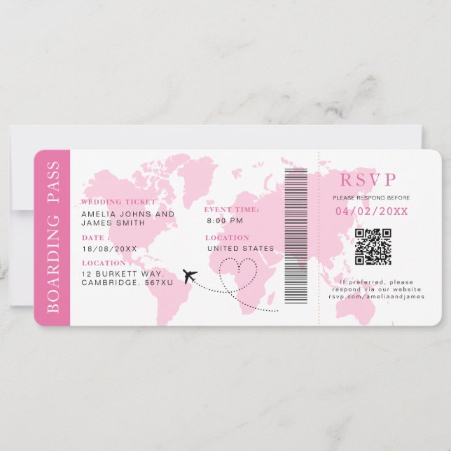 Boarding Pass Hochzeit in Urlaubsort QR-Code UAwg Einladung (Vorderseite)