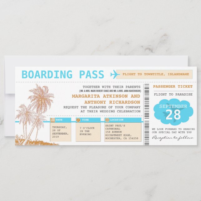Boarding Pass Hochzeit in Urlaubsort Tickets Einladung (Vorderseite)