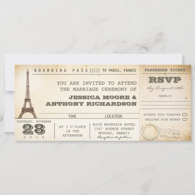 Boarding Pass Hochzeitskarten - Einladungen PARIS (Vorderseite)