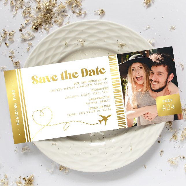 Boarding Pass Imitate Gold Save the Date Ticket (Von Creator hochgeladen)