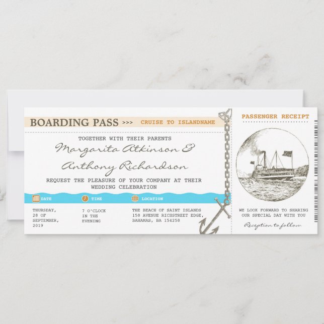 Boarding Pass Kreuzfahrt Hochzeit Einladung (Vorderseite)