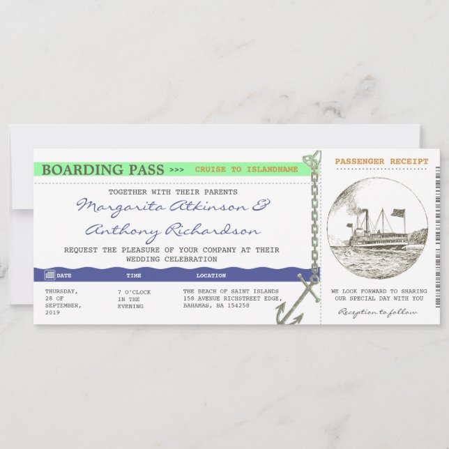 Boarding Pass Kreuzfahrt Hochzeit - Marine & Minze Einladung (Vorderseite)