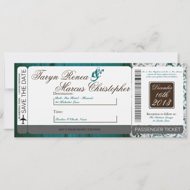 Boarding Pass Linen Hochzeit Einladung Aquamarines (Vorderseite)