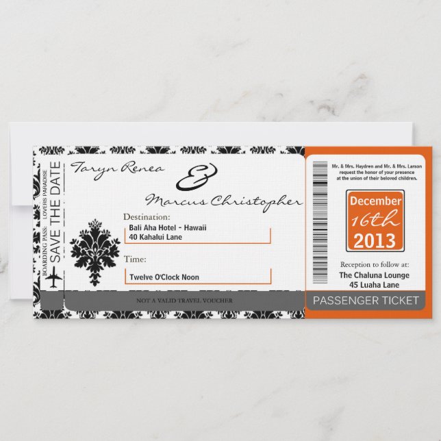 Boarding Pass Linen Hochzeit Einladung Black Orang (Vorderseite)