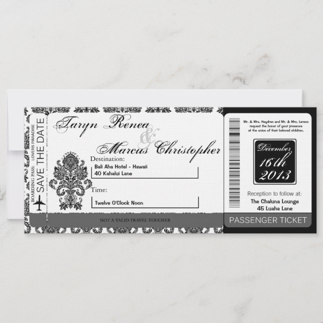 Boarding Pass Linen Hochzeit Einladung Damask Blac (Vorderseite)