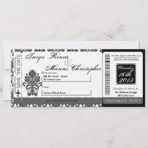 Boarding Pass Linen Hochzeit Einladung Damask Blac
