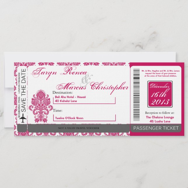 Boarding Pass Linen Hochzeit Einladung Damask Fusi (Vorderseite)