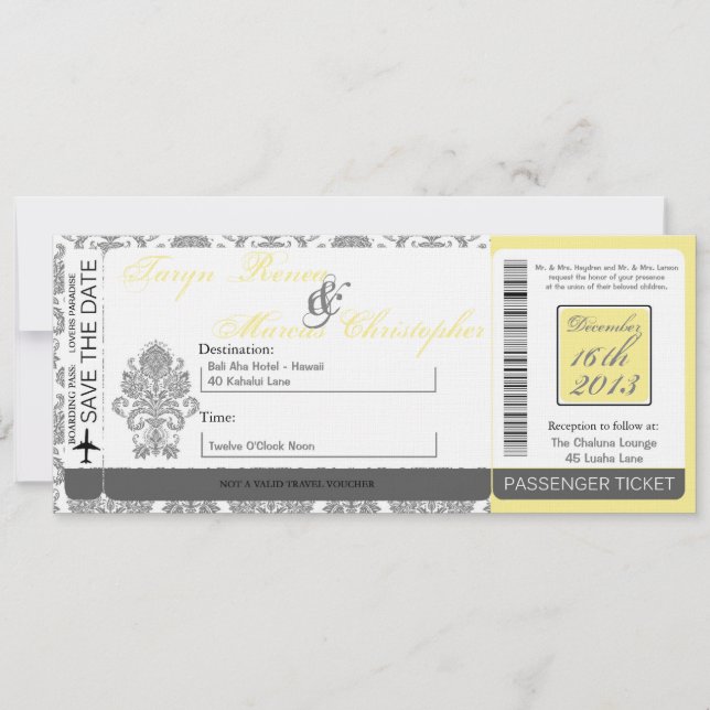 Boarding Pass Linen Hochzeit Einladung Damask Grau (Vorderseite)
