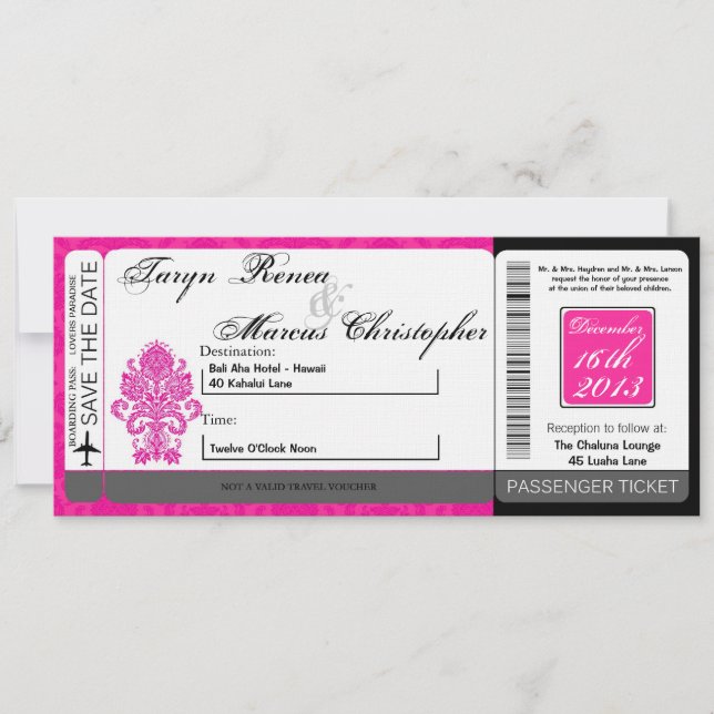 Boarding Pass Linen Hochzeit Einladung Damask Pink (Vorderseite)