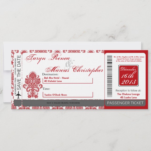 Boarding Pass Linen Hochzeit Einladung Damask Red (Vorderseite)